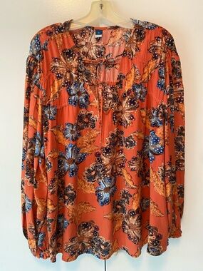 Floral Tie-Front Long Sleeve Tunic - Rust & Blue